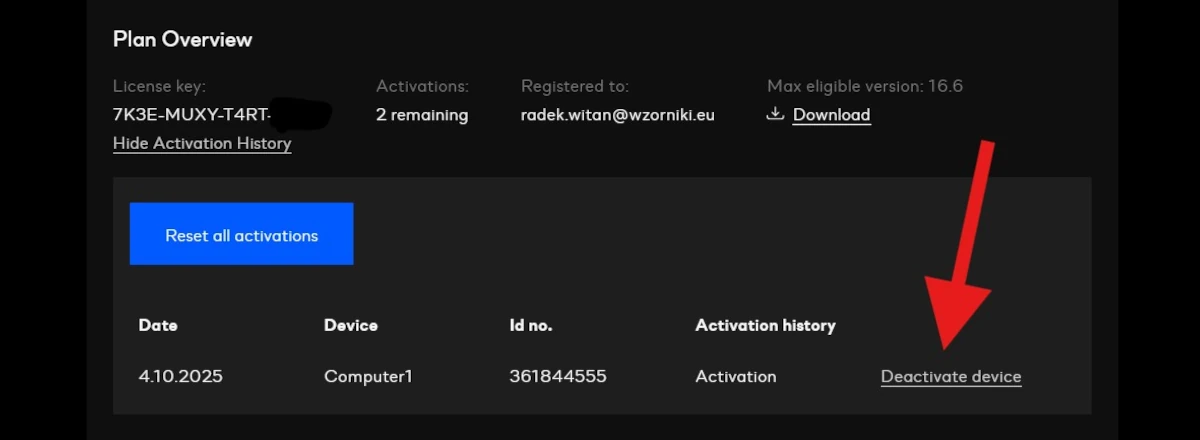 dezaktywacja capture one pro z poziomu konta na stronie